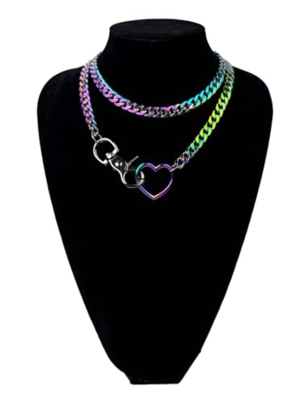 🆕 Women's Slip Chain Rainbow Heart O-Ring Chunky Chain Necklace, Rays Cuban